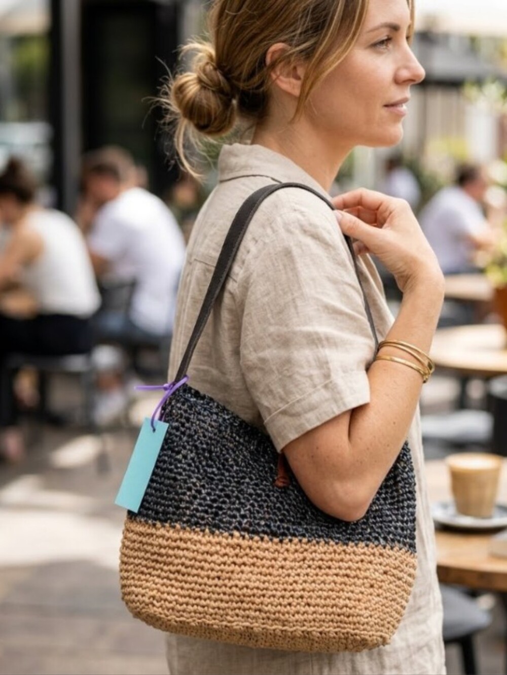 Handmade Crochet Tan Twine Black Pearlescent Curling Ribbon Leather Tote